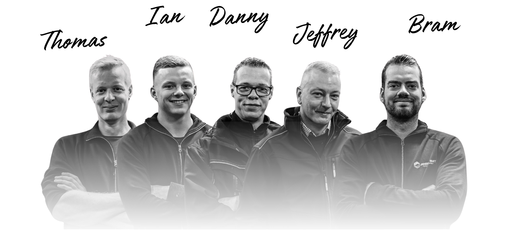 Team foto van het team van Jansen-Smit met Thomas, Ian, Danny, Jeffrey en Bram.